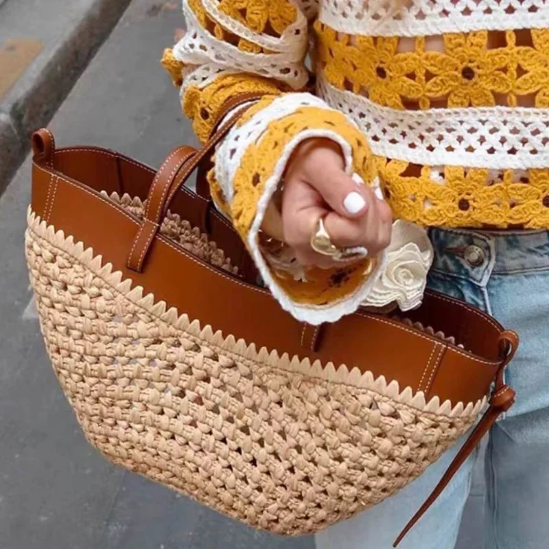 Marca oco tecido saco de praia - Women'S Raffia Bags avaliação e preço
